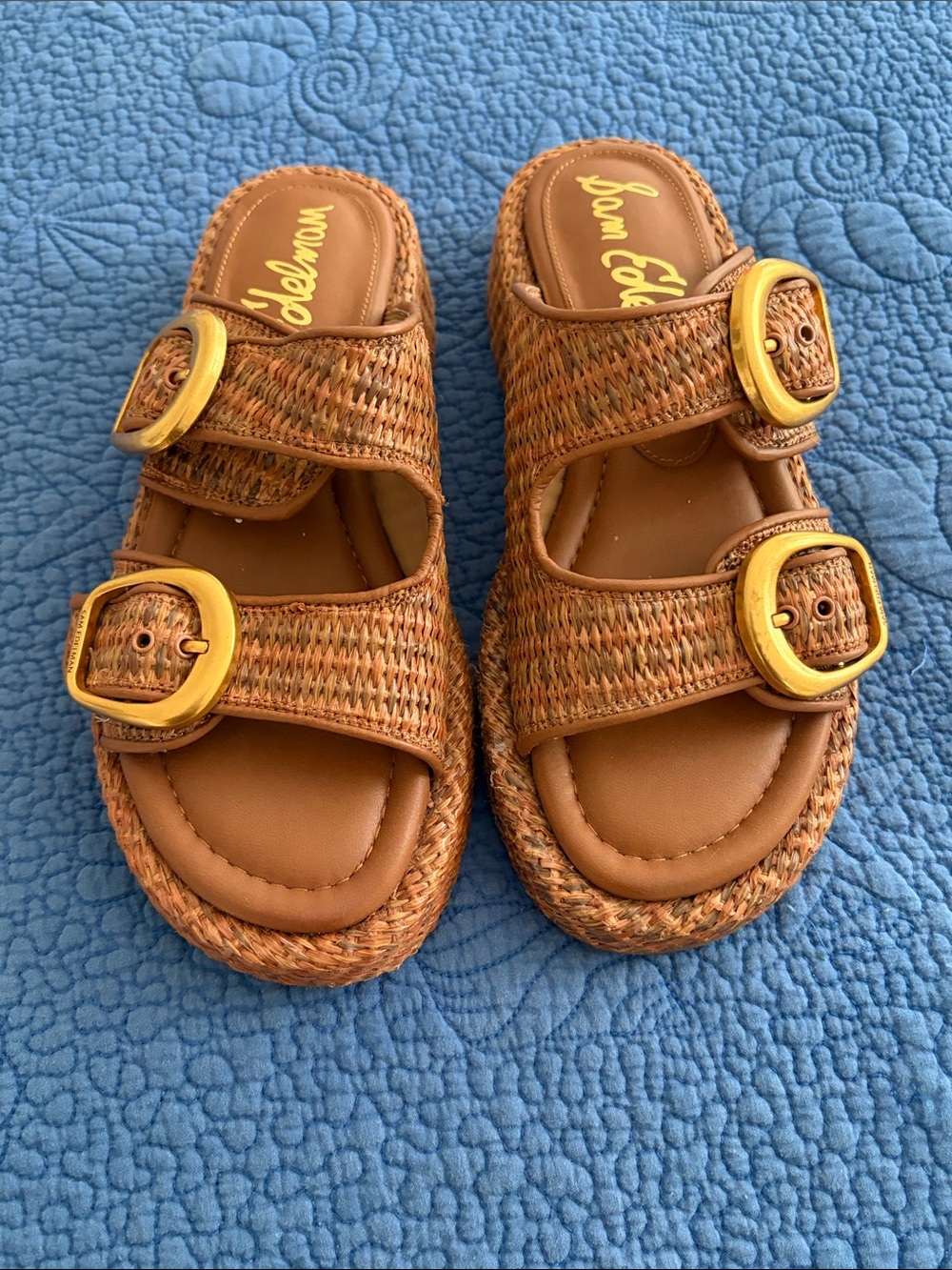 Sam Edelman Tan Woven Double-Buckle Kids' Sandals with Gold Buckles